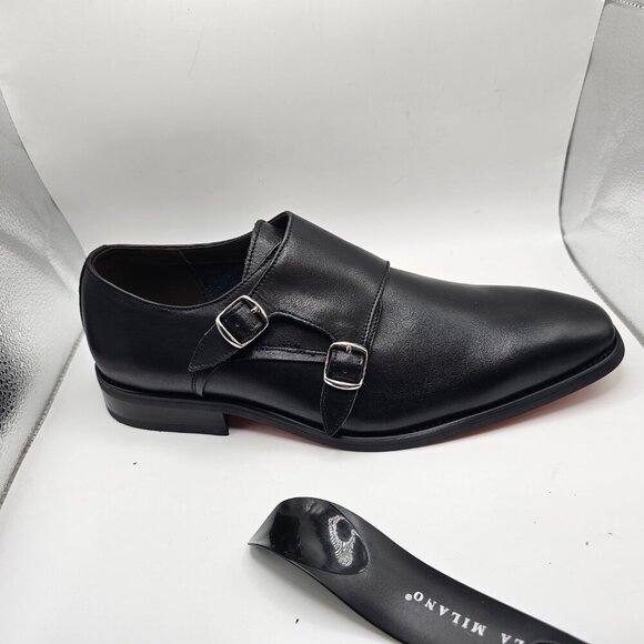 NWOB Men's La Milano Black Leather Plain Toe Double Monk Strap Shoes‎ Size 11 - Picture 7 of 11